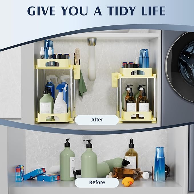 2 Pack Under Sink Organizers and Storage, Height Adjustable Bathroom Cabinet Organizer, 2 Tier Under Sink Organizer with Hooks, Under Cabinet Organizer for Kitchen Bathroom (Yellow-NeatNest