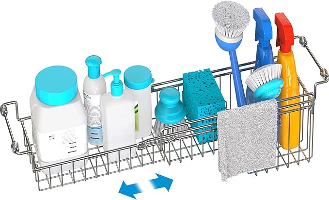 Over The Kitchen Sink Caddy Sponge Holder Organizer Drying Rack Expandable for Sponge Brush Soap Dish Cloth Rag Smaller 14.5" to 22", Stainless Steel-NeatNest