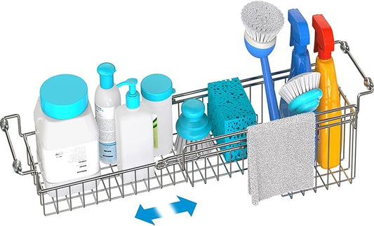 Over The Kitchen Sink Caddy Sponge Holder Organizer Drying Rack Expandable for Sponge Brush Soap Dish Cloth Rag Smaller 14.5" to 22", Stainless Steel-NeatNest