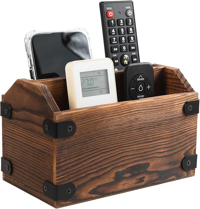 Brown Torched Wood Remote Control Organizer Burnt Wooden Tabletop Storage Caddy Two Compartment Holder TV Game Consoles Cell Phone Kitchen Utensils Office Supplies Living Room Home Bedroom-NeatNest