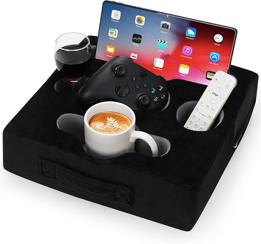 STBoo Couch Cup Holder Pillow Tray - Sofa Drink Cup Holder Cozy Buddy | Bed Caddy Organizer for Remote, Snacks Beverage, Phones, Tablet | Use it on Car, Pack, Beach, RV, Boat, Bedroom (Black)-NeatNest