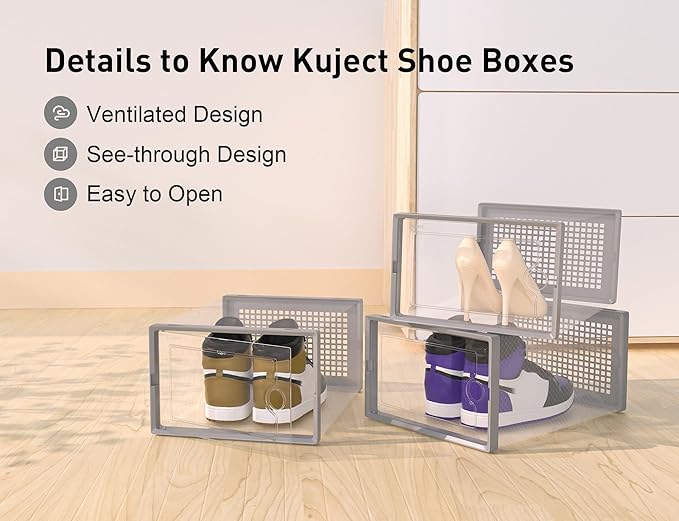Kuject XX-Large Shoe Storage Boxes Organizers Clear Plastic Stackable 12 Pack, Shoe Rack & Holder Substitute, Sneaker Containers, Toy Storage Organizer Bins for Entryway, Closet, Under Bed, Grey-NeatNest