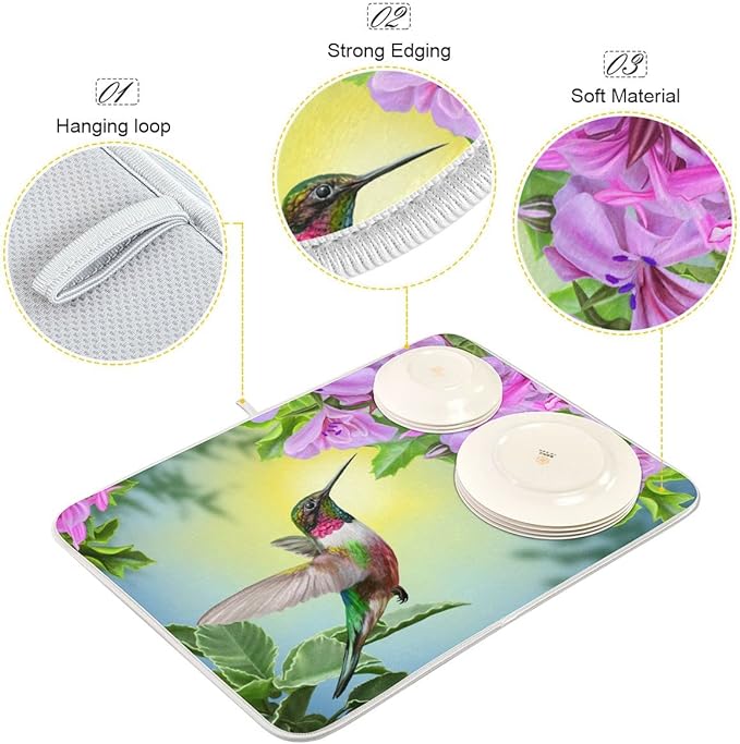 Hummingbird Dish Drying Mat Absorbent Kitchen Pads for Counter Kitchen Dish Dryer 16 x 18 Mat under Dish Drainer