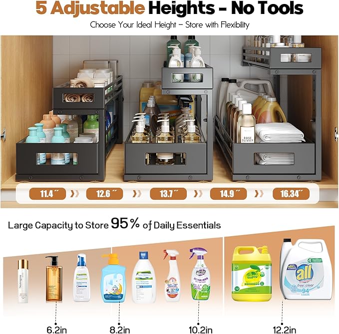 2-Pack 20.47"Deep Under Sink Organizer And Storage,2-Tier L-Shaped Pull Out Cabinet Organizer with Upgraded Slide Rails,Height Adjustable Drawers for Kitchen&Bathroom,Extra-Large Storage Shelves–Black-NeatNest