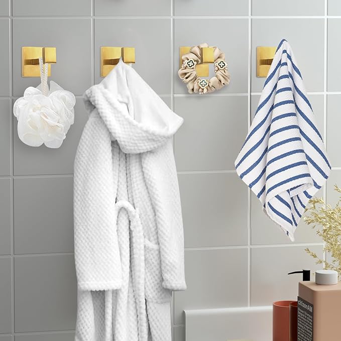 IBosins 4 Pack Towel Hooks Hand Towel Holder for Bathroom Wall Livingroom Bedroom Kitchen Closet Heavy Duty Stainless Steel Hook Hanger for Robe, Bath Towel, Coat (Square Brushed Gold)