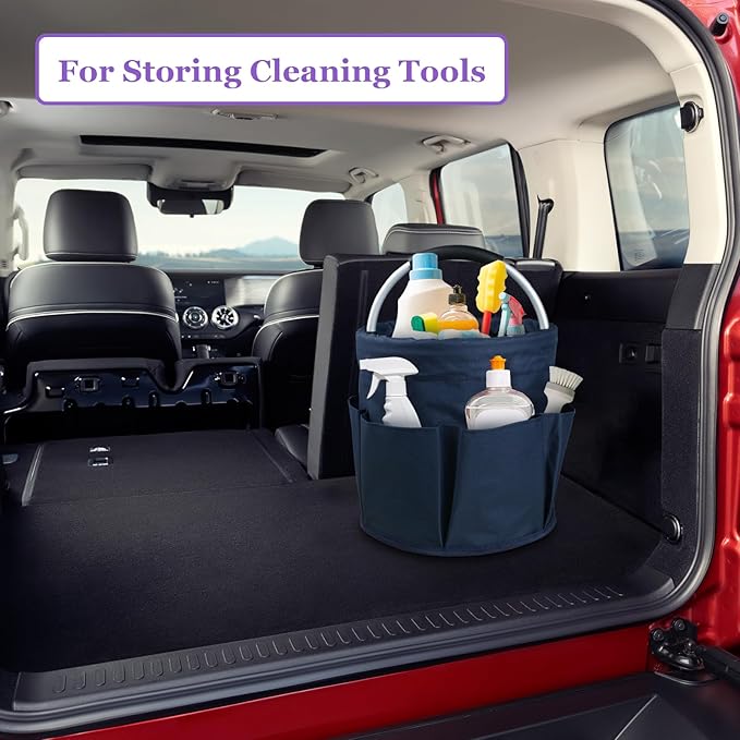 17L Cleaning Caddy with Handle, Portable Shower Caddy in 600D Oxford Fabric, Bucket Tool Organizer with 6 Side Pockets, Collapsible Storage Basket for Cleaning, Camping, Navy Blue-NeatNest
