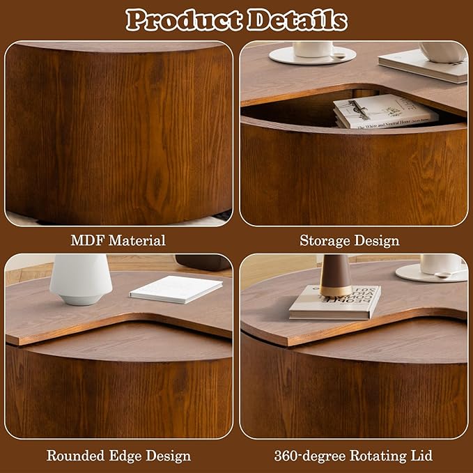 27.16" Round Coffee Table with Storage Modern Handcraft Drum Coffee Table Circle Wood Accent Center Table Small Side Table for Living Room Apartment, Small Space (Round Walnut)