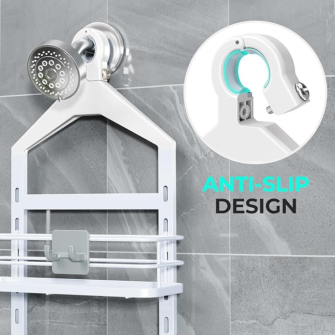 ODesign 2 Tier Height-Adjustable Shower Caddy Hanging Anti-Swing-Over The Shower Head Caddy-Storage Organizer Bathroom Shelves Basket-White