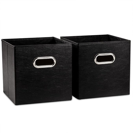 PRANDOM Leather Foldable Cube Storage Bins 11x11 inch [2-Pack] Fabric Storage Baskets Cubes Drawer with Cotton Handles Organizer for Shelves Nursery Closet Bedroom Clothes Black-NeatNest