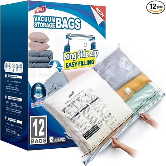 TAILI 12 Pack Vacuum Storage Bags, LONG SIDE ZIP (39x28 inch) Vacuum Seal Bags for Clothing, Jumbo Storage Space Saver for Beddings, Comforters, Blanket, Pillows and Clothes-NeatNest