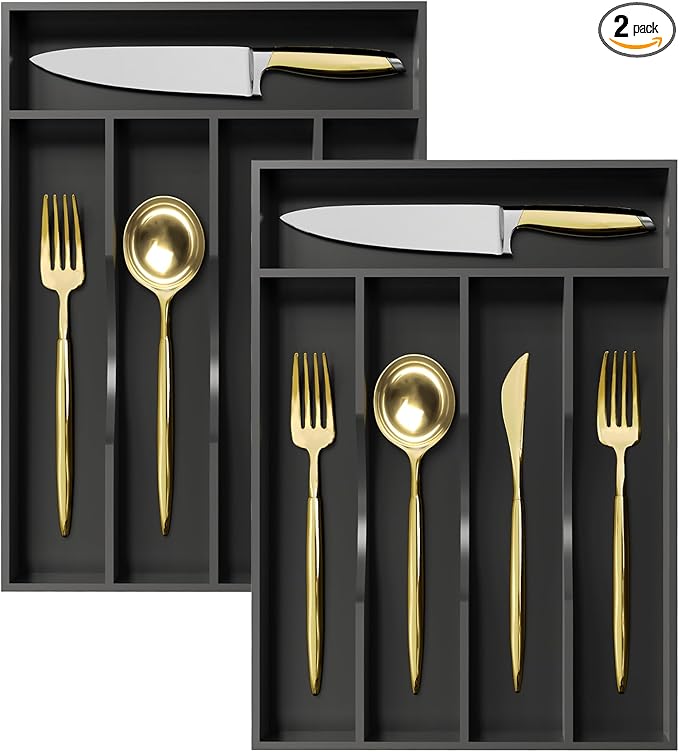 Greenual 2 Pack Black Silverware Organizer 10 In Utensil Organizer Silverware Tray for Drawer Cutlery Flatware Organizer for Kitchen Bamboo Wood-NeatNest
