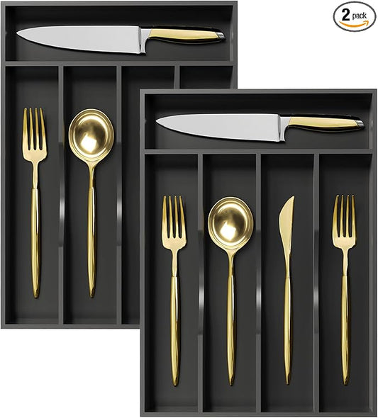 Greenual 2 Pack Black Silverware Organizer 10 In Utensil Organizer Silverware Tray for Drawer Cutlery Flatware Organizer for Kitchen Bamboo Wood-NeatNest
