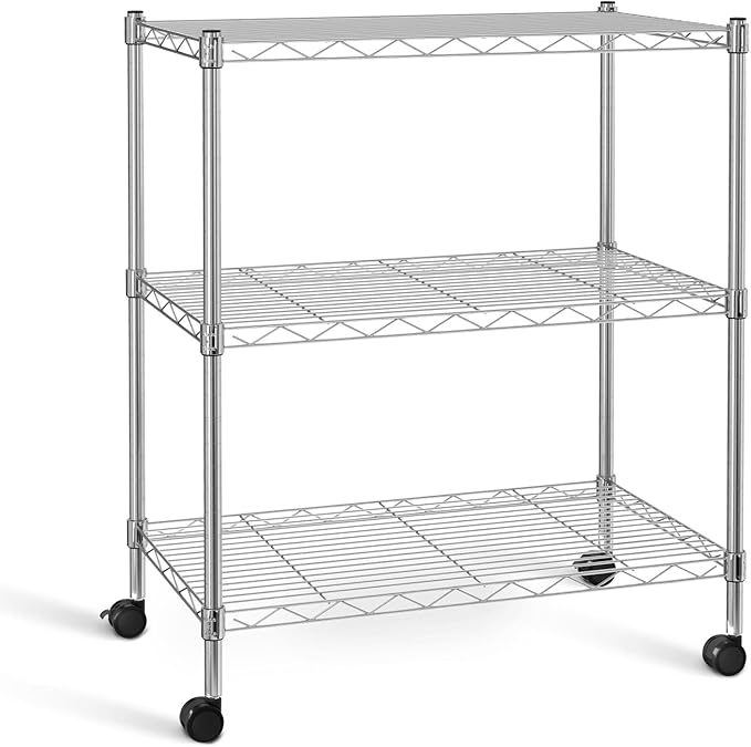 HealSmart 3-Tier Heavy Duty Storage Shelves 750Lb Capacity, 24.02" D x 13.78" W x 29.92" H Adjustable Shelving Unit with Wheels, Chrome-NeatNest
