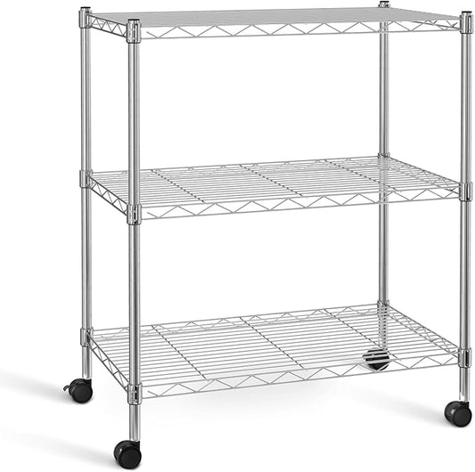 HealSmart 3-Tier Heavy Duty Storage Shelves 750Lb Capacity, 24.02" D x 13.78" W x 29.92" H Adjustable Shelving Unit with Wheels, Chrome-NeatNest
