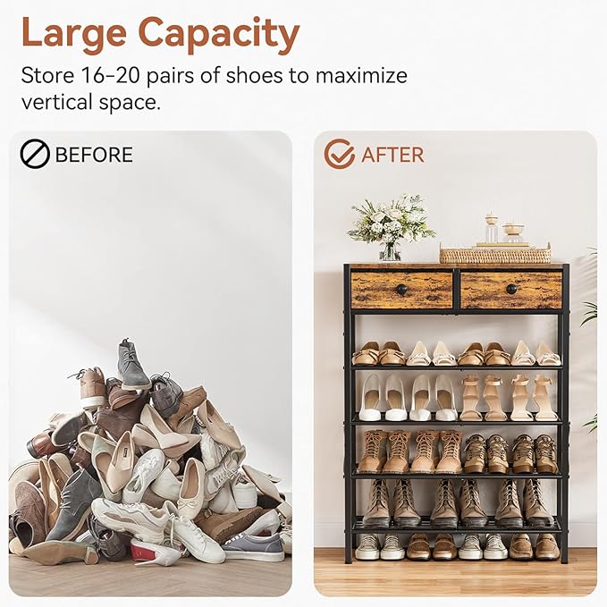 Shoe Rack for Entryway, 5 Tier Shoe Organizer with 2 Non-woven Drawers, Metal Storage Shoe Shelf for 16-20 Pairs of Shoes, with Wooden Top and Steel Frame, Shoe Stand for Closet Rustic Brown-NeatNest