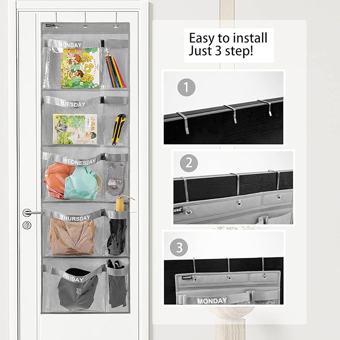 Weekly Kids Clothes Organizer Day of Week School Clothing Storage Monday to Friday Hanging Closet Organizer (Grey)-NeatNest