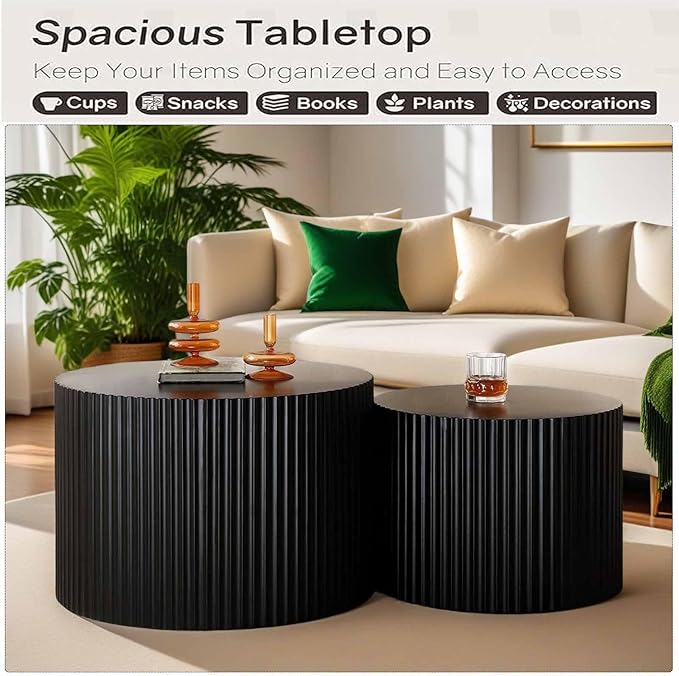Modern Round Wooden Nesting Coffee Table Set of 2 Circle Tables with Non-Slip Feet, Accent Side End Table, Saving Space Design and No Need Assembly (ELARGE)