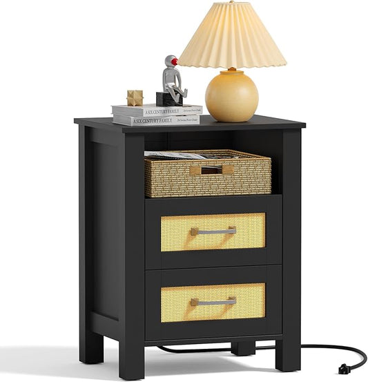 JUMMICO 26.18" End Table with Charging Station and Rattan Drawers, Farmhouse Nighstand, Wooden Storage Bedside Table, Living Room, Bedroom(1, Black Oak)