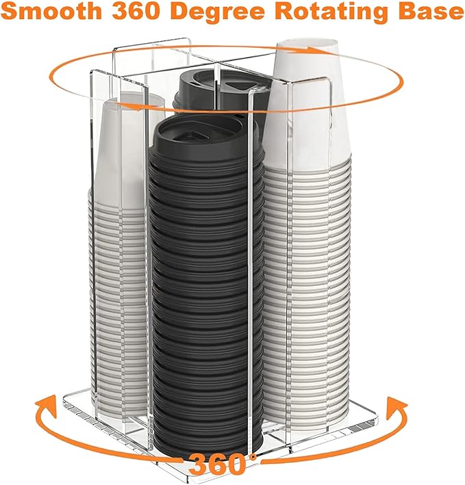 Cup and Lid Holder, 360° Rotated Coffee Cup Dispenser, Rotating Lid Carousel, Acrylic Cup Storage Organizer Beverage Cup Holder with 4 Compartments for Countertop Coffee Station Bar Restaurant, Clear-NeatNest