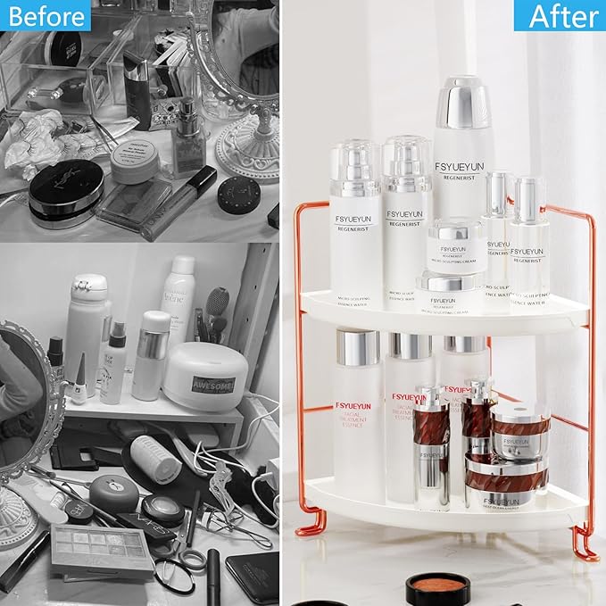 FSyueyun 2-Tier Corner Bathroom Counter Organizer, Tool-Less Installation Vanity Shelf Small Plastics Countertop Makeup Tray Skincare Perfume Organizers (Rose Gold)-NeatNest