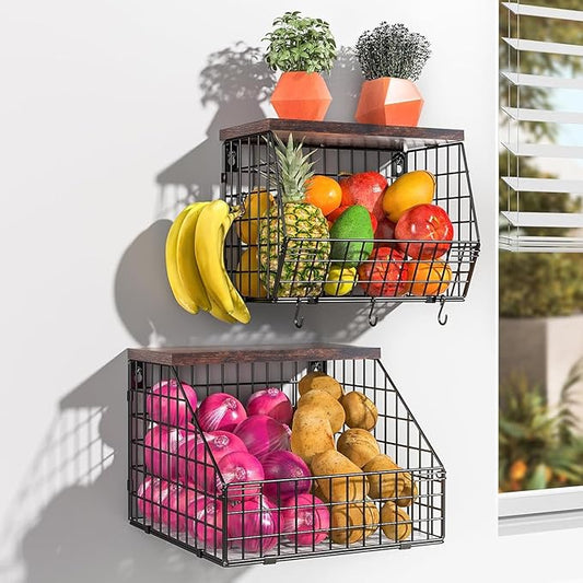 Fruit and Vegetable storage, 2 Set Wall Mounted Wire Baskets, Fruit Basket for Kitchen Counter, Hanging Fruit Basket, Potato Onion Basket, Wire Basket for Organizing, Countertop Organization Pantry