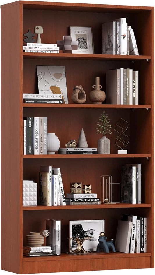 Farini 60 Inch Tall 5-Shelf Bookcase, Wood Bookshelf Storage Organizer Adjustable Shelf for Home Office, Study Room, Easy Assembly,Cherry