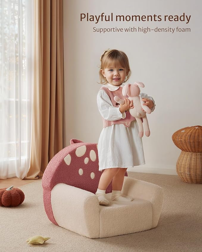 Blissful Diary Toddler Chair Comfy, Foam Kids Chair with Soft Teddy Plush, Toddler Reading Armchair with Cute Mushroom Designs- Rusty Red-NeatNest