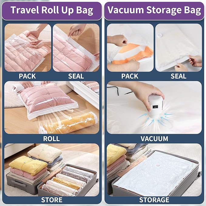 SZO 25 Pack Vacuum Storage Bags With Electric Air Pump,(5 Jumbo/5 Large/5 Medium/5 Small/5 Roll Up Bags) Vacuum Seal bags For Clothing, Space Saver Bags For Luggage, Blankets, Bedding, Moving-NeatNest