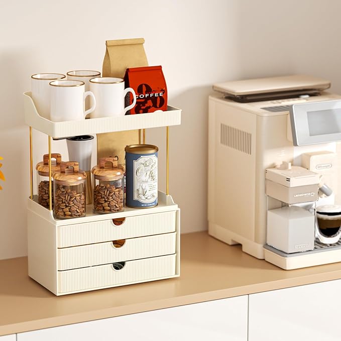 3 Drawers Bathroom Counter Organizer - 5 Tier Makeup Organizer, Versatile Perfume Organizer, Ideal for Bathroom Storage, Vanity, Large Skincare, Perfume, Present, Cream White-NeatNest