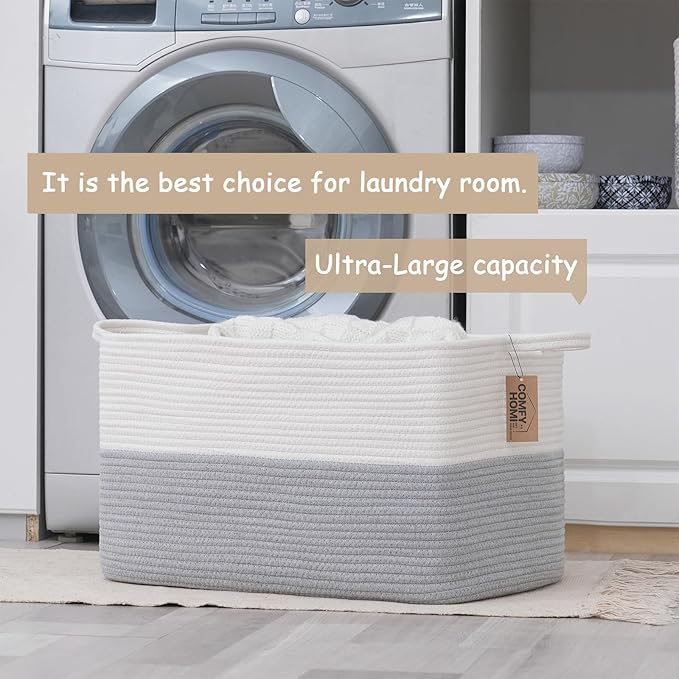 COMFY-HOMI Large Rectangle Laundry Storage Basket | Cotton Rope Woven, Organizing with Handle | Dirty Cloth & Baby Shower Basket | 22x15x12' - White/Grey-NeatNest