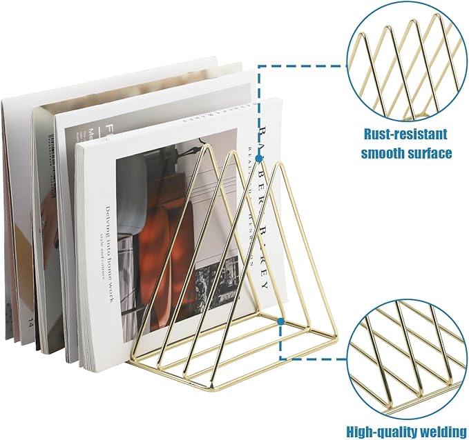 COSYAWN Triangle 7 Slot Vinyl Record Holder, Anti-Rust Metal Magazine Album Display Rack Desktop File Sorter Organizer, Paper Letter Newspaper Storage for Home Office, Gold 2 PACK