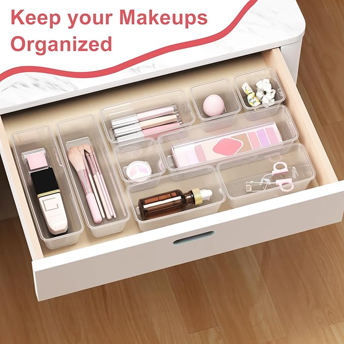12 PCS Plastic Drawer Organizer Set, Sturdy 3-Size Makeup Vanity Desk Drawer Organizer Trays and Storage Bins for Cosmetics, Junk and Gadgets – Ideal for Bathroom, Bedroom, Office and Kitchen-NeatNest