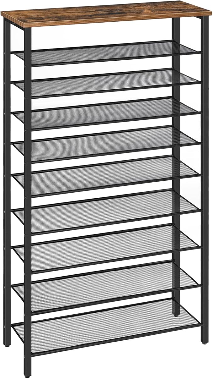 10-Tier Shoe Rack, Shoe Organizer for Entryway, Large Capacity Shoe Shelf, for 36-40 Pairs of Shoes, Stable Sturdy, Shoe Storage with 9 Metal Mesh Shelves, Rustic Brown SRHR1101Z-NeatNest