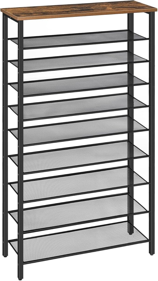 10-Tier Shoe Rack, Shoe Organizer for Entryway, Large Capacity Shoe Shelf, for 36-40 Pairs of Shoes, Stable Sturdy, Shoe Storage with 9 Metal Mesh Shelves, Rustic Brown SRHR1101Z-NeatNest