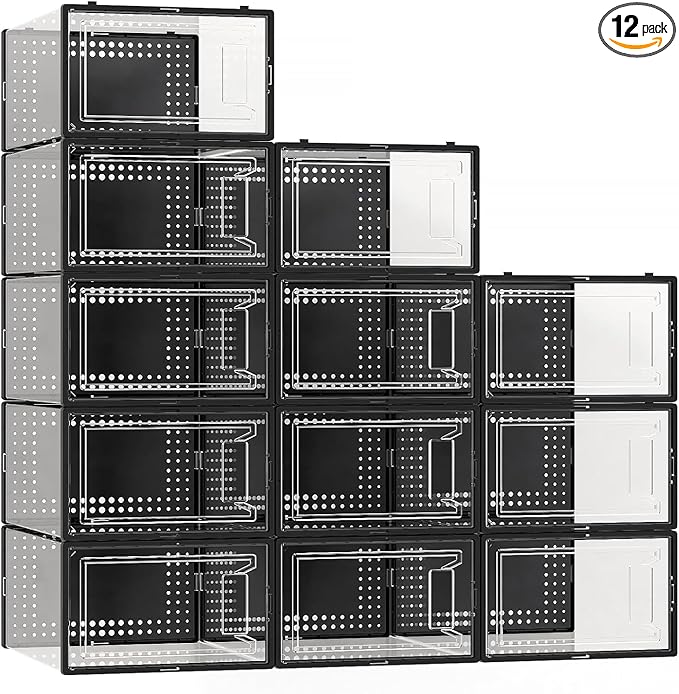 12 Pack XX Large Shoe Organizer Storage Boxes for Closet, Modular Space Saving Shoe Boxes Clear Plastic Stackable Sneaker Containers Display Case with Lids, Black-NeatNest