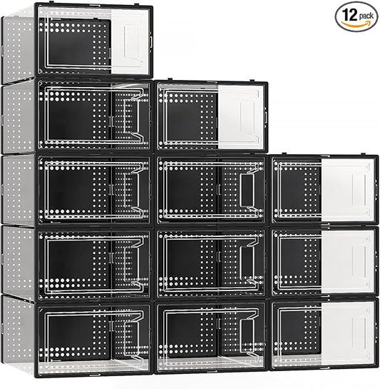 12 Pack XX Large Shoe Organizer Storage Boxes for Closet, Modular Space Saving Shoe Boxes Clear Plastic Stackable Sneaker Containers Display Case with Lids, Black-NeatNest