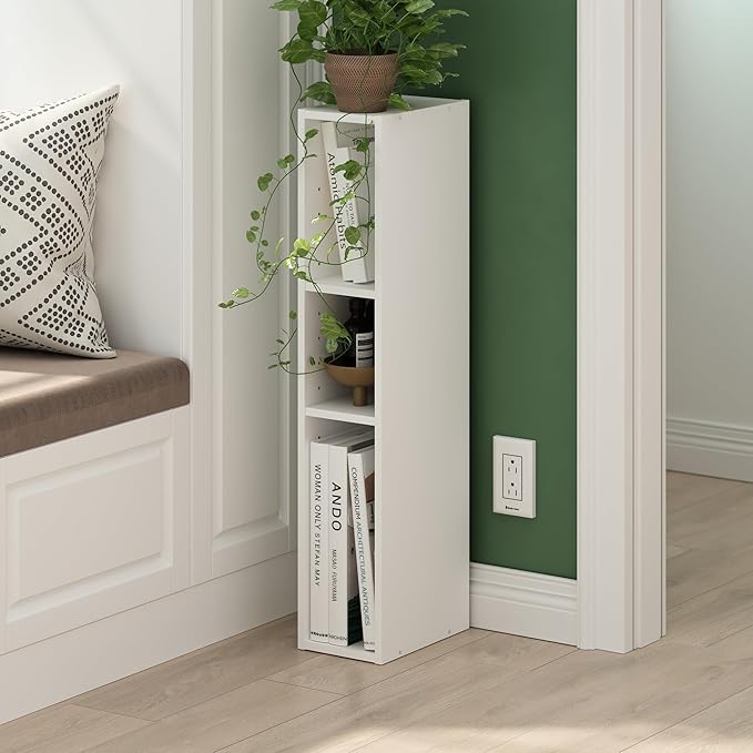 Furinno Fulda 3-Tier Space Saving Storage Shelf Bookcase, 6-Inch Width, White-NeatNest