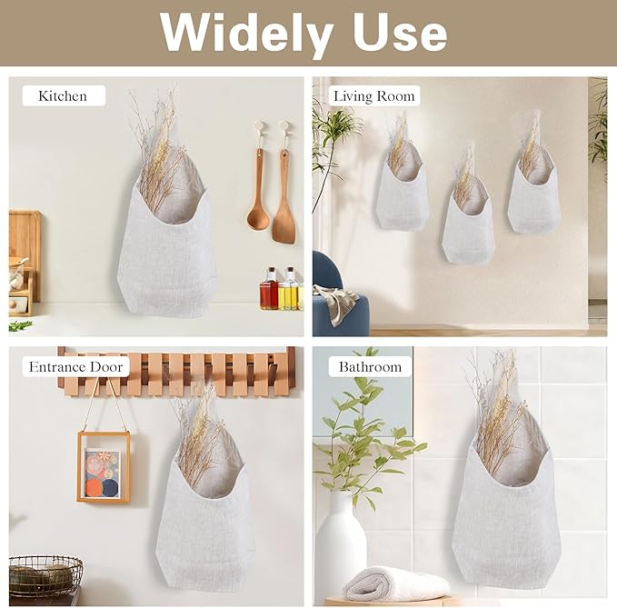 100% Linen Hanging Storage Bags Baskets 2 Pcs, Small Wall Storage Bag for Kitchen, Bedroom, RV Camper Organizer, Sewing Room, Nursery Storage, Kids Room, Linen