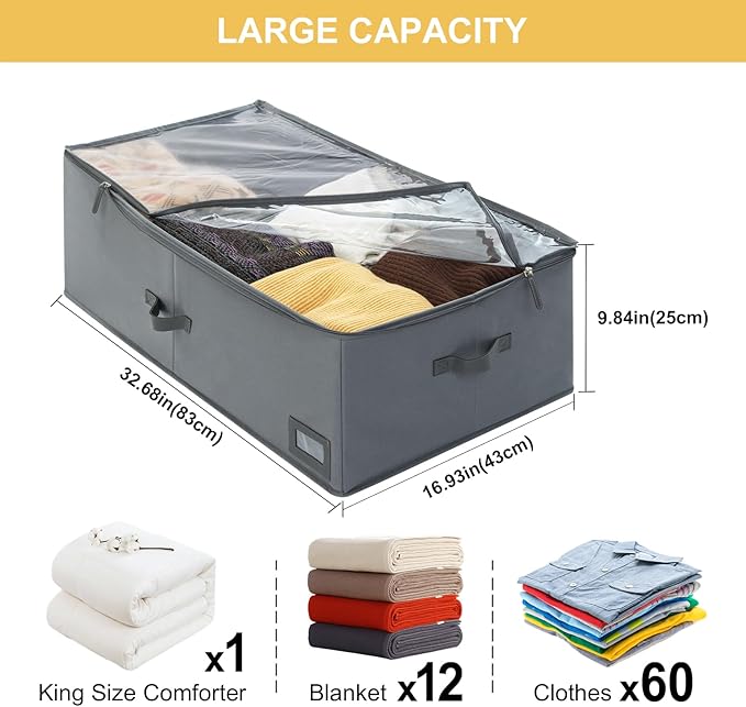 10-Inch Under Bed Organizer, Large Under Bed Storage Container, Underbed Storage Box for Seasonal Clothing, Sweaters, Shoes, Blankets, Wrapping Paper, Sheets & Toys, Yarn 33" L×17" W×10" H-NeatNest
