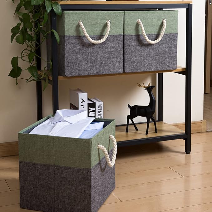 PRANDOM Large Foldable Cube Storage Bins 13x13 inch [2-Pack] Fabric Linen Storage Baskets Cubes Drawer with Cotton Handles Organizer for Shelves Nursery Closet Bedroom Green
