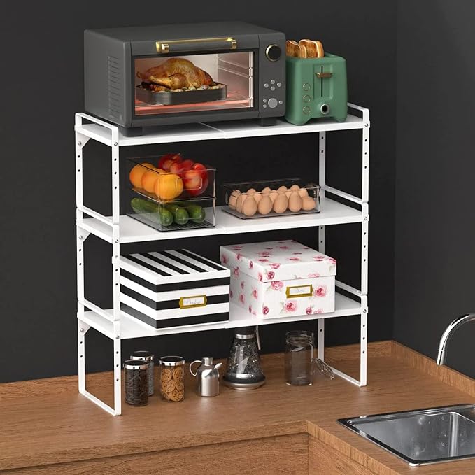 Expandable Kitchen Cabinet Shelf Organizers 3 Pack, Stackable Metal Pantry Storage Shelves Rack, Adjustable Counter Shelf for Cabinets, Countertop, Cupboard Organizers and Storage, White-NeatNest