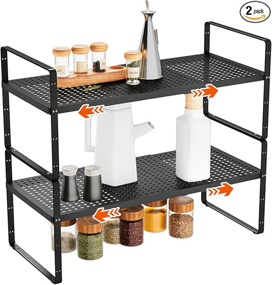 2Pack 16.5-27’’L Expandable Stackable Cabinet Shelves, Adjustable Spice Rack Cabinet Shelf Organizer for Kitchen, Countertop, Pantry and Cupboard, Black-NeatNest