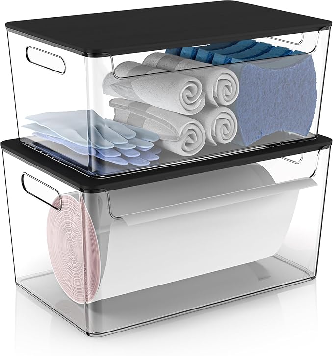 2 Pack Trash Bag Holder Under Sink Stackable, Plastic Garbage Bag Dispenser with Lid, Trash Bag Storage Dispenser Roll Holder for Kitchen, Pantry, Laundry Room Organization (Black Lid)-NeatNest