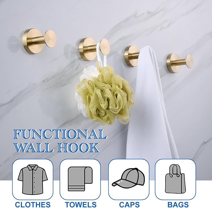 NEWRAIN Bathroom Towel Hooks, 2 Pack Towel Holder for Bathroom Wall, Cabinet Closet Door, Kitchen, Bedroom, Hotel - Modern Design Effortless Mounting Towel Hangers, Robe Hook Brushed Gold