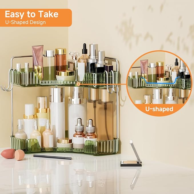 Makeup Organizer for Vanity 2 Tier Bathroom Organizers and Storage Countertop with Hooks Skin Care Exquisite Vanity Organizers Corner Bathroom Counter Storage-Green-NeatNest