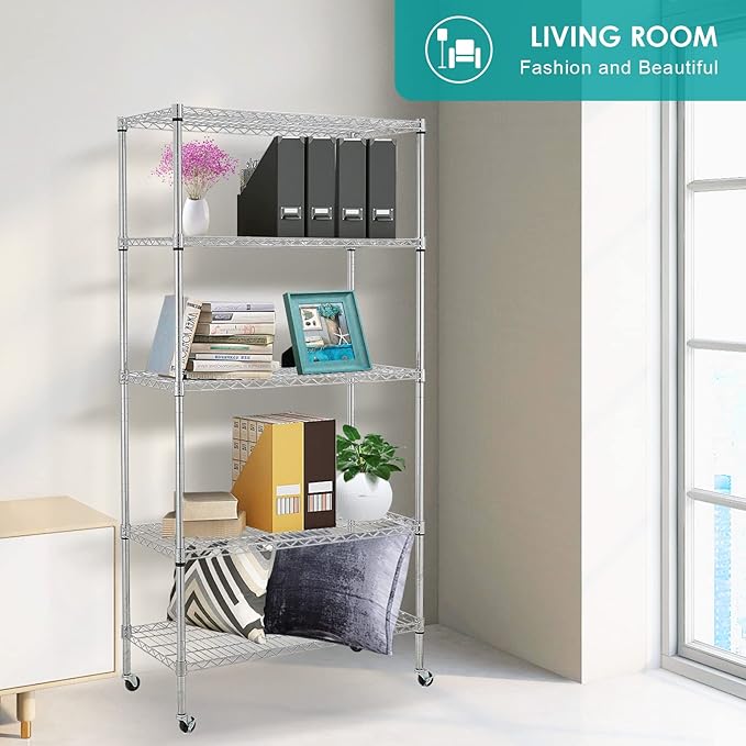 BNSPLY 5 Tier Wire Shelving Unit with Wheels, Height Adjustable Wire Shelves with NSF Certified, Mobile Metal Storage Rack Shelf Unit for Kitchen, Laundry, Garage (17.7" D x 35.5" W x 71" H, Chrome)-NeatNest