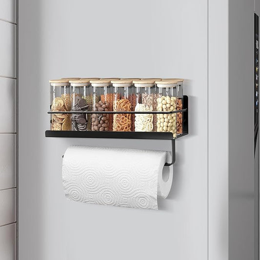 Magnetic Spice Rack Organizer with Paper Towel Holder for Refrigerator and Oven, Black Fridge Organizers and Storage Can Hold spices, Pepper, Small Things, Paper Towel