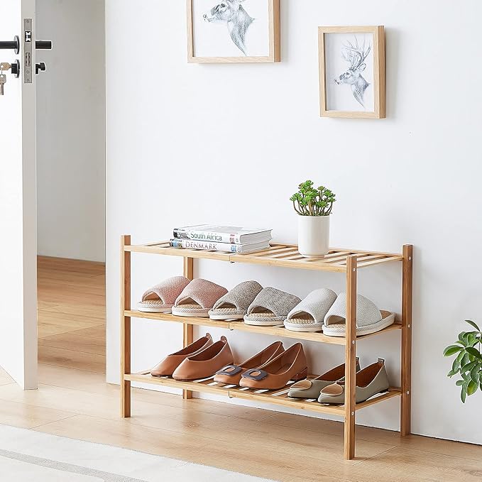 4-Tier Bamboo Shoe Rack for Entryway, Stackable | Foldable | Natural, Shoe Organizer for Hallway Closet, Free Standing Shoe Racks for Indoor Outdoor-NeatNest