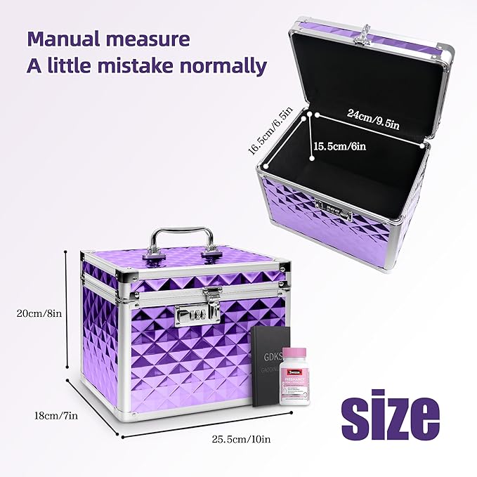 Medication Combination Lock Boxes with Code for Personal Items, Medicine Lockbox for Documents 10 x 7.25 x 7.75 Inches Plaid Purple