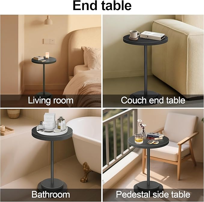 Drink Table, Small Pedestal Side Tables for Small Spaces, Wood Round Martini Table for Outdoor, Living Room and Bedroom, Black
